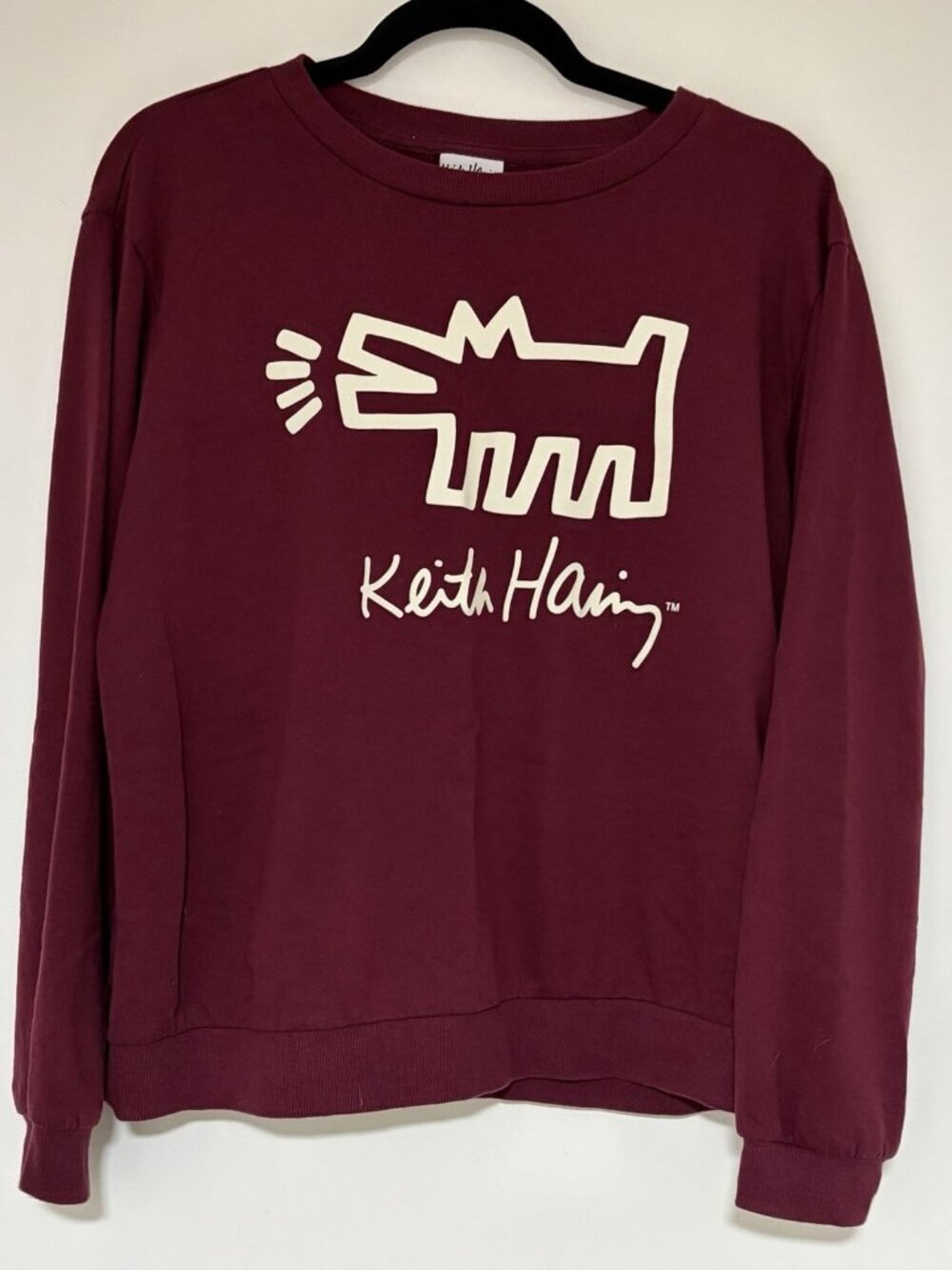Keith Haring Burgundy Fleece Crew Neck Sweatshirt Barking Dog Graphic Size Med